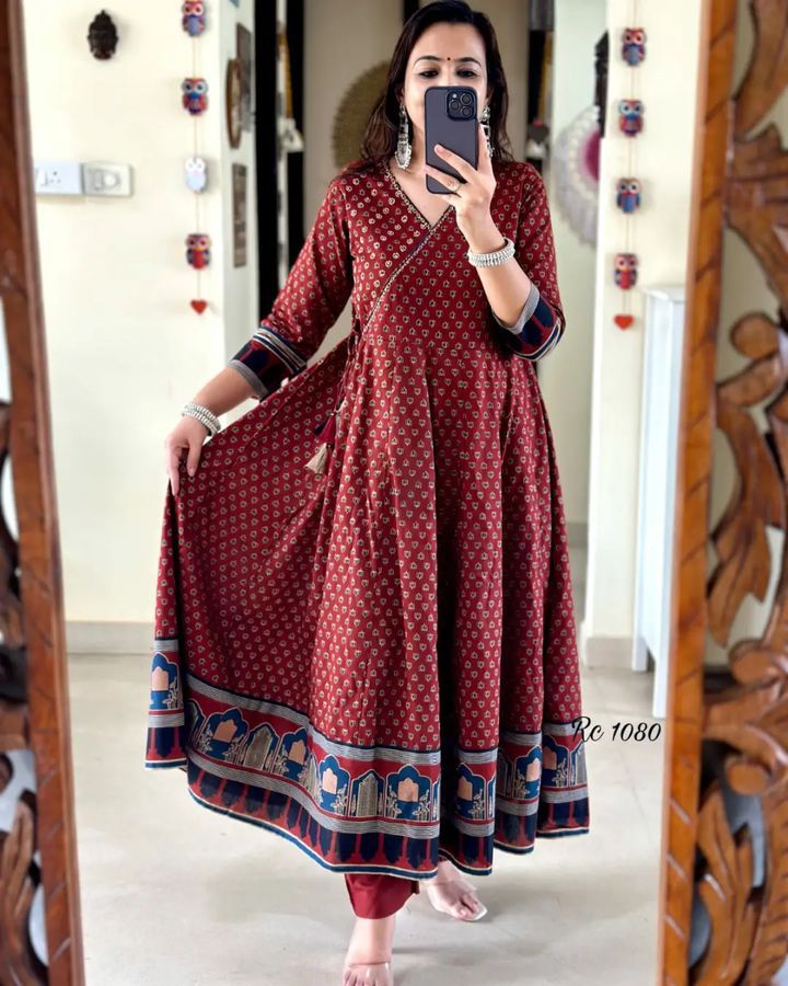 our beautiful Handblock print cotton Anaarkali 3pis dress (DKGH81)